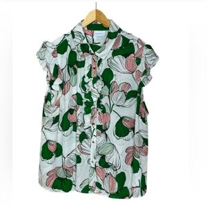 1X Liz Claiborne Green Pink Ruffled Sleeveless Blouse